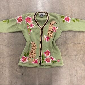 Storybook Knits Green Cardigan with Pink Floral and Leopard Design